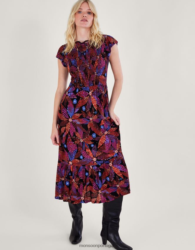 roupas vestido floral franzido em lenzing ecovero Monsoon mulheres preto RPLH8F233