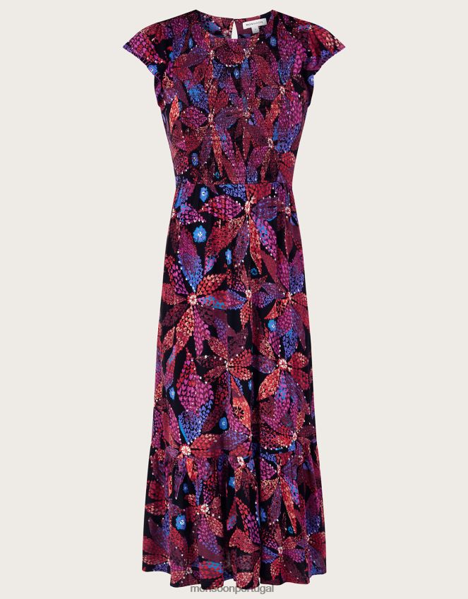 roupas vestido floral franzido em lenzing ecovero Monsoon mulheres preto RPLH8F233