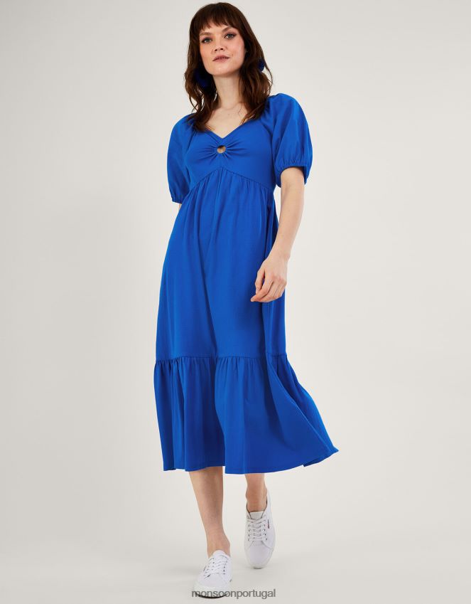 roupas vestido midi manga bufante com detalhes em o-ring Monsoon mulheres azul (cobalto) RPLH8F286
