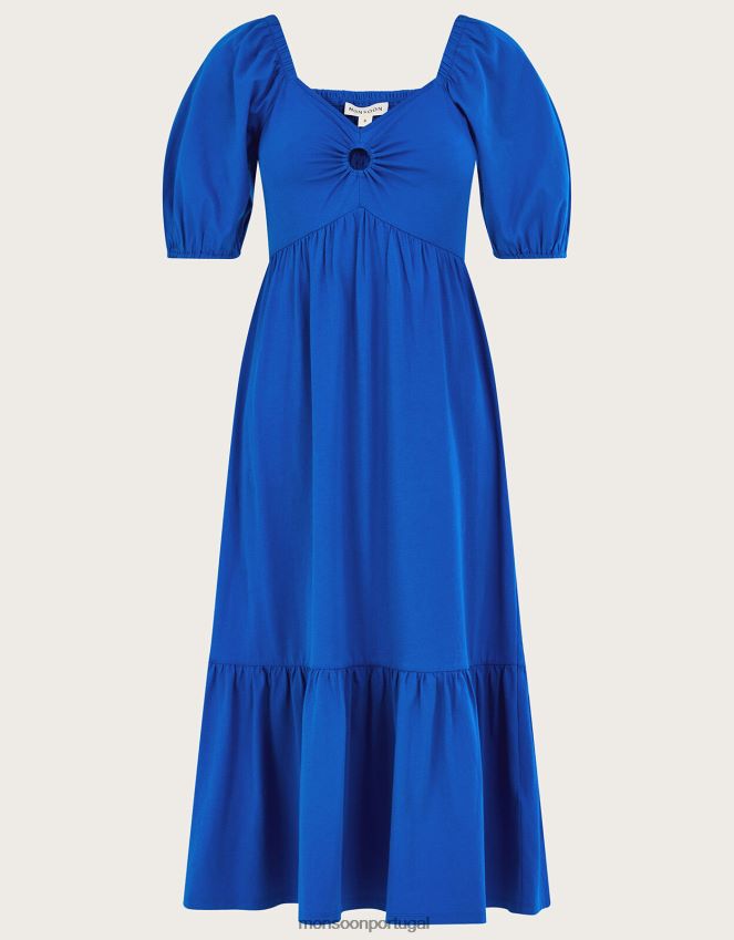 roupas vestido midi manga bufante com detalhes em o-ring Monsoon mulheres azul (cobalto) RPLH8F286
